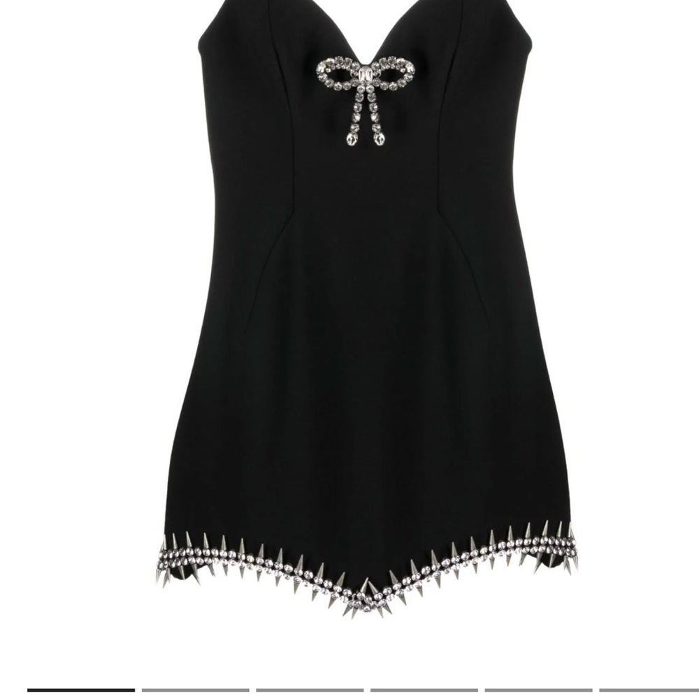 AREA Black Strappy Mini Dress with Crystal Bow Detail